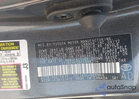 2012 Toyota Corolla Le from USA, damaged, VIN 2T1BU4EE6CC846314